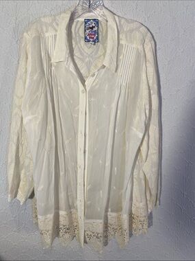 Johnny Was Cream Lace-Trim Long-Sleeve Button-Down Shirt size 1 X